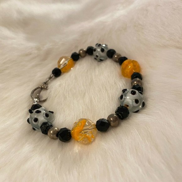BLack Orange Polka Dot Bead Bracelet Silver Tone Metal Toggle Clasp 6203 - Picture 5 of 8